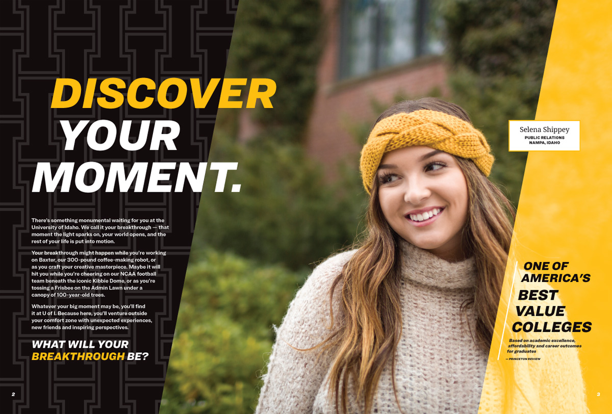 Magazine spread of a student volunteer on an on campus outdoor photoshoot.