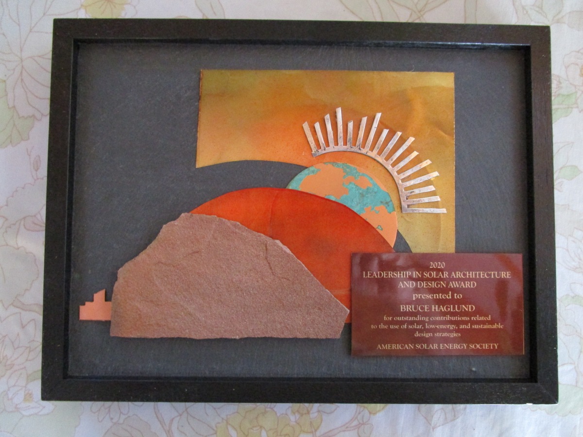 Close up of the 2020 American Solar Energy Society’s Leadership in Solar Architecture and Design Award.
