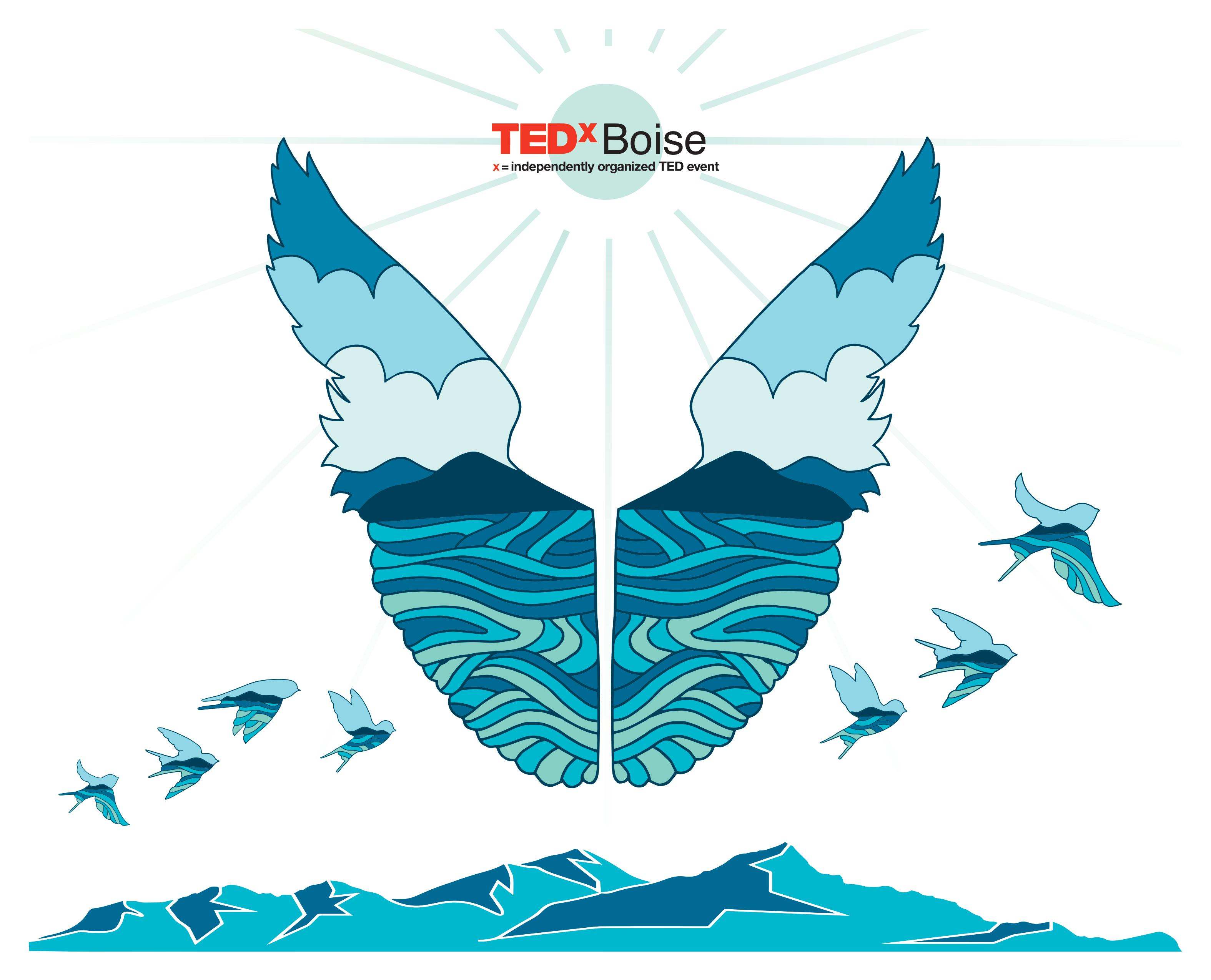 A design by Riley Helal depicting a design in the shape of flying wings with the TEDxBoise logo above it.