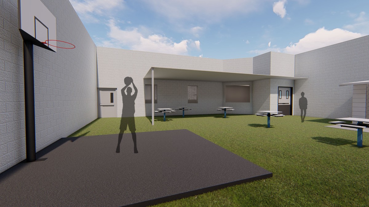 A rendering of an outdoor area with seating areas and a basketball hoop.