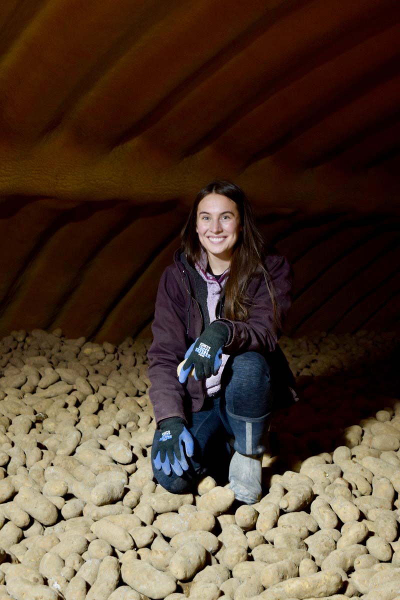 Woman kneeling on pile of potatoes.