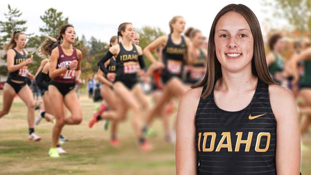 A portrait of a women with women cross county runners in the background.