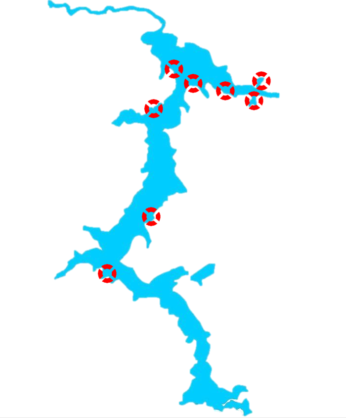 Lake Coeur d'Alene with the monitoring sites marked: Arrow Point, Beauty Bay, Blue Creek Bay, Cave Bay, Everwell Bay, Leaning Pine Point, Moscow Bay and Steamboat Point.