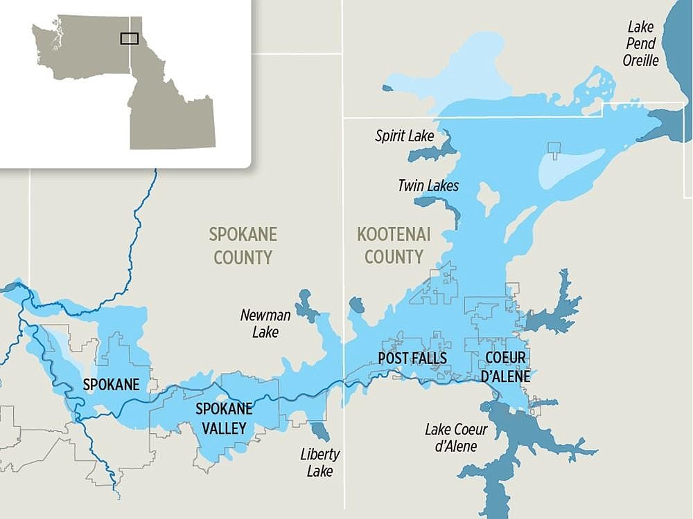 The Spokane Valley-Rathdrum Prairie Aquifer, reaching from Lake Pend Oreille, Spirit Lake, Twin Lakes, Coeur d'Alene, Lake Coeur d'Alene, Post Falls, Newman Lake, Liberty Lake, Spokane Valley and west of Spokane.