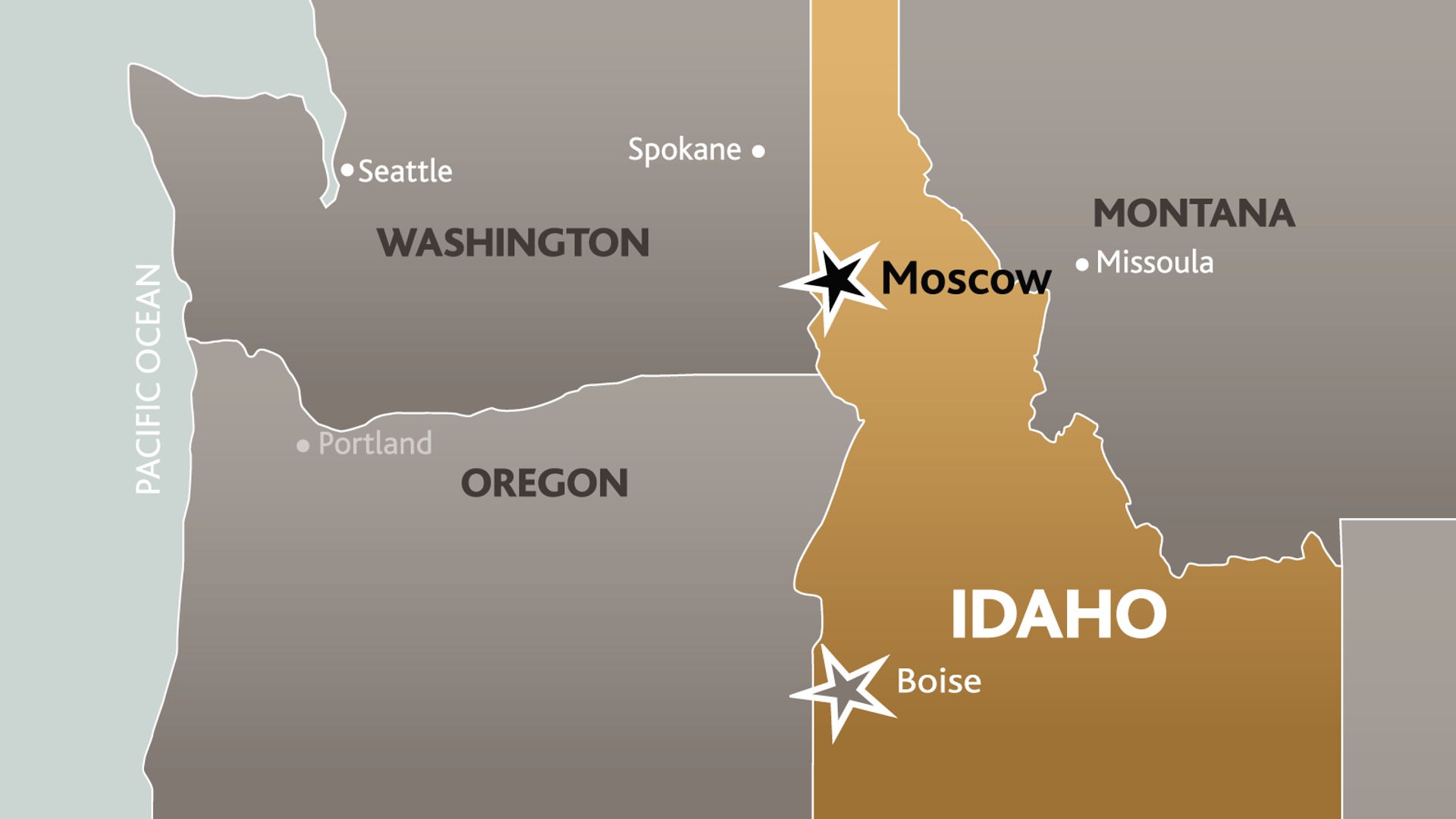 A map of Idaho and surrounding state with Moscow and Boise's locations marked with a star.