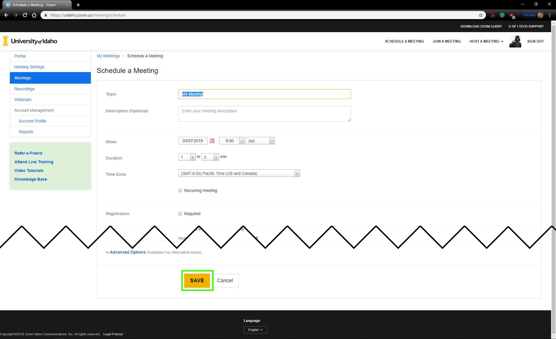 Zoom schedule a meeting screen shot