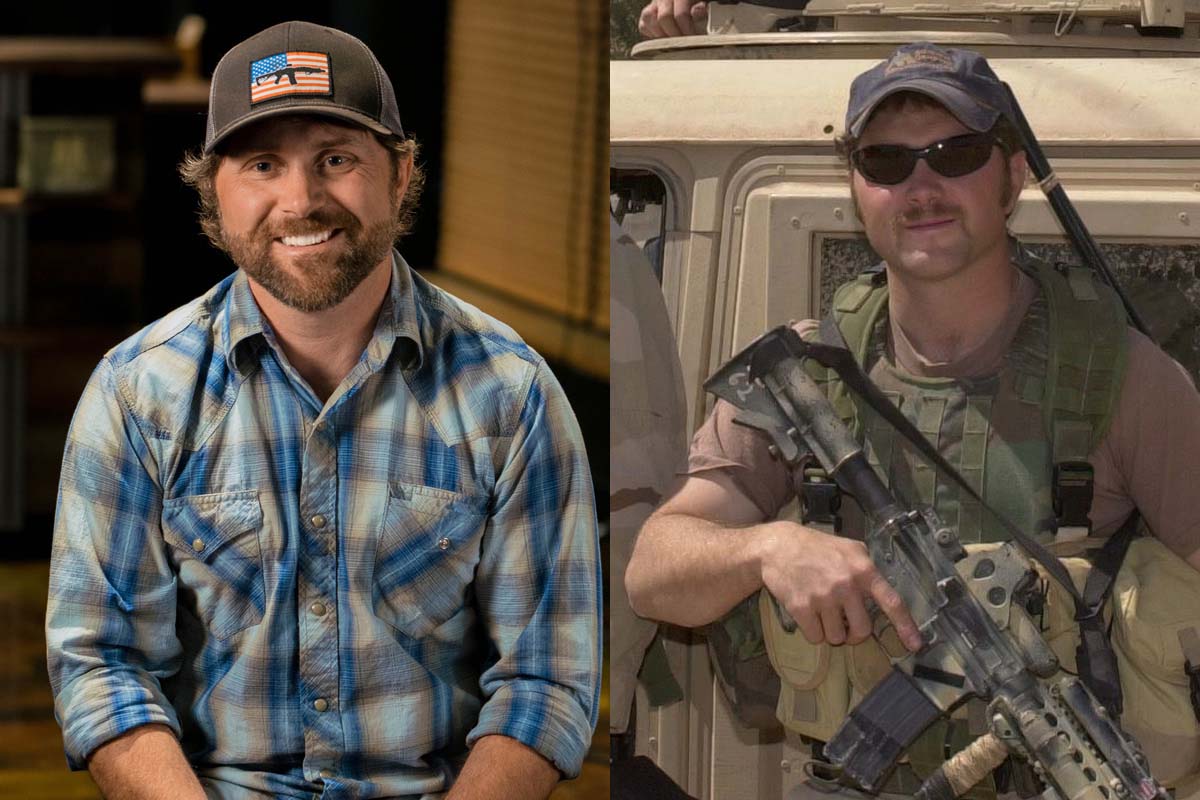 Evan Hafer, Black Rifle Coffee Company CEO, shown in two photos. Right: present day, Left: while on combat duty.