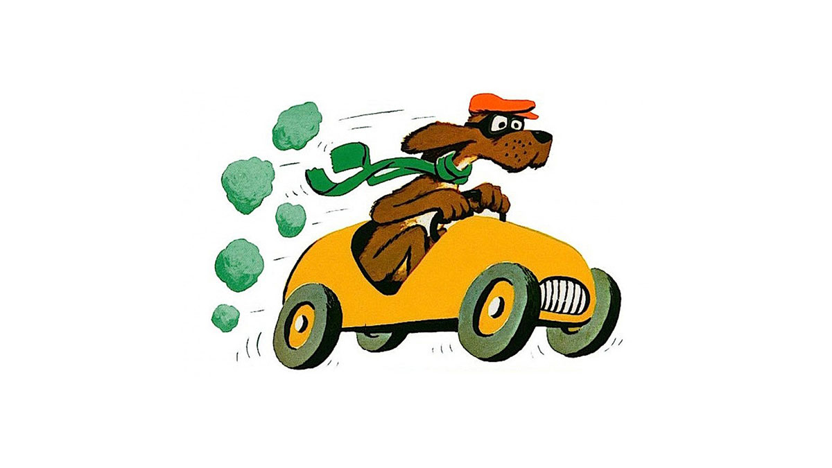 A cartoon illustration with a dog driving a car