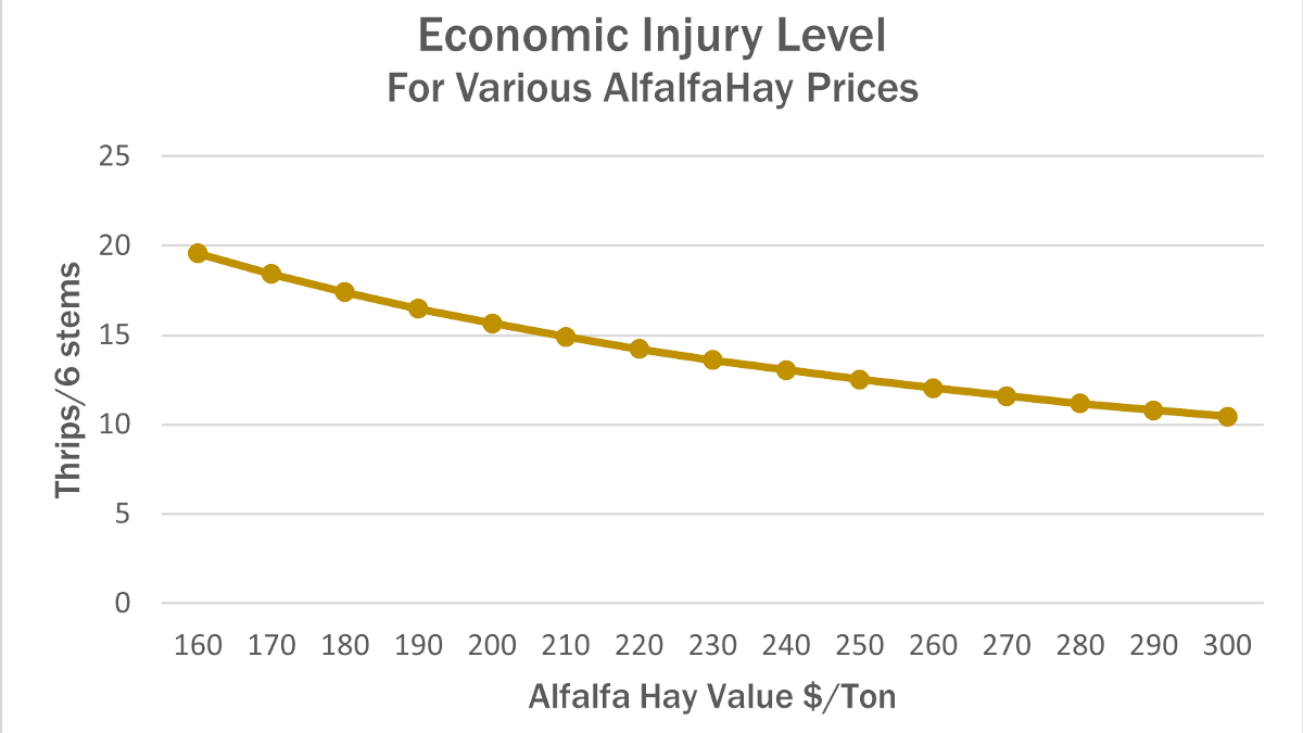 Chart mapping the economic injury of thrips in alfalfa.