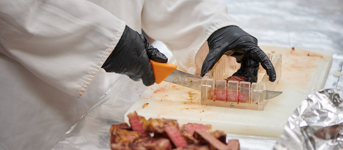 Gloved hands cut cooked beef using a guide.