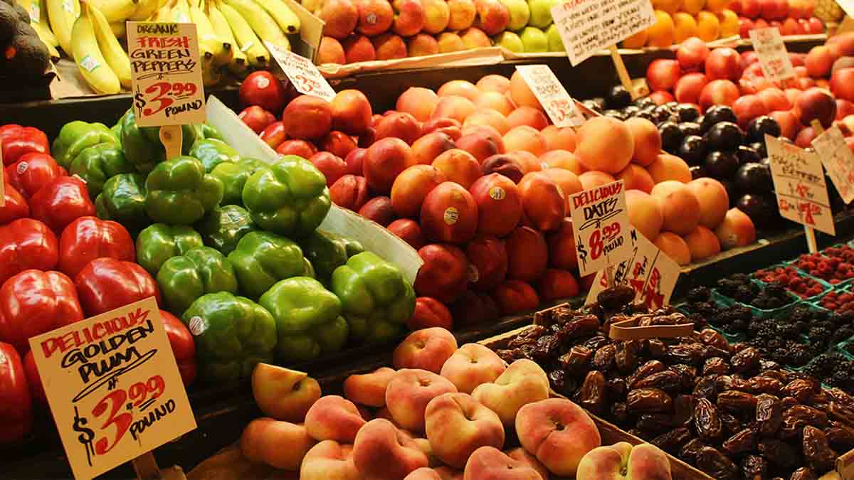 Colorful fruits and vegetables at grocery store