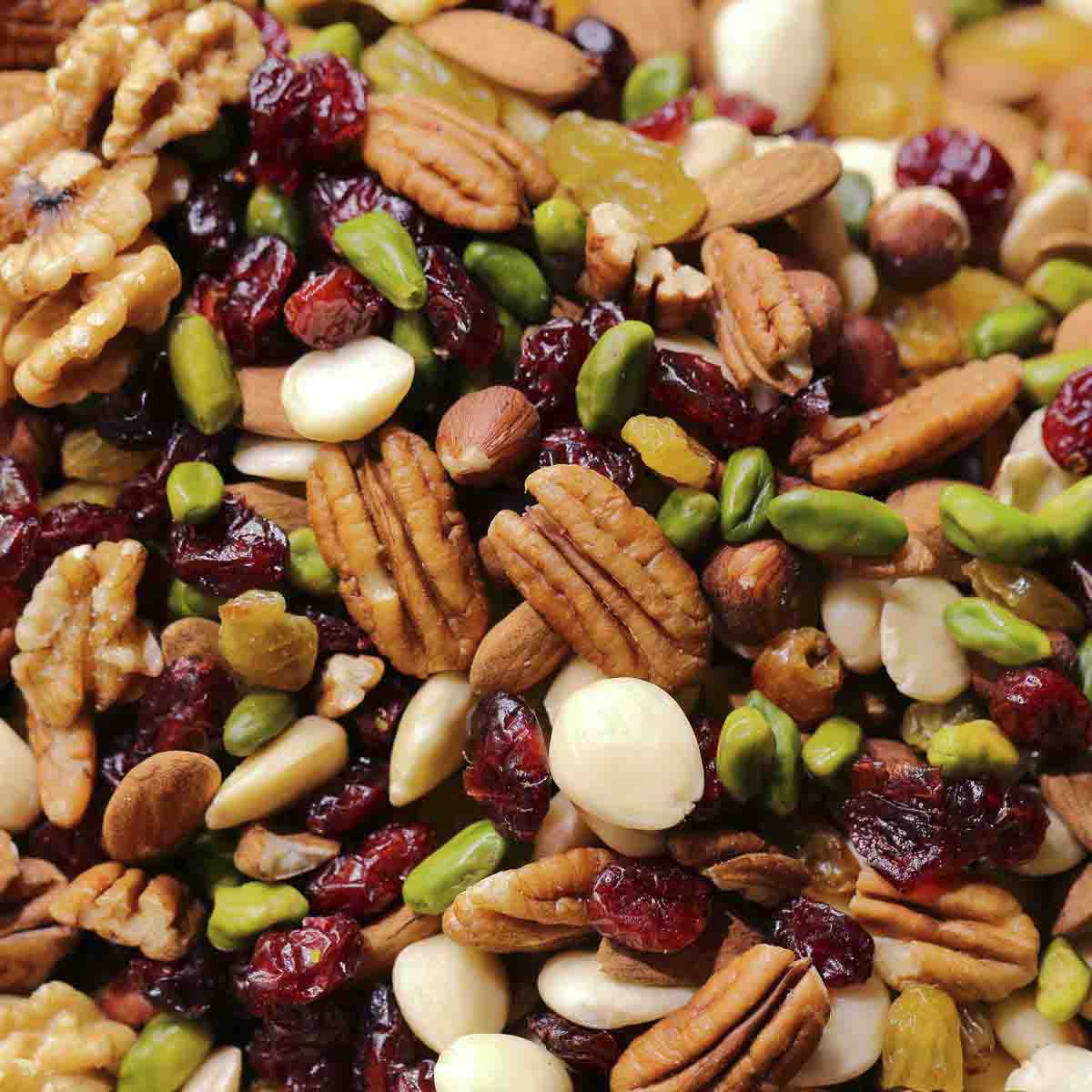 Variety of nuts piled high.