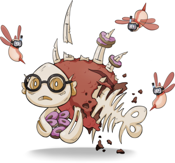 Pink cartoon fish starting to turn into a zombie fish and getting stung by bees.