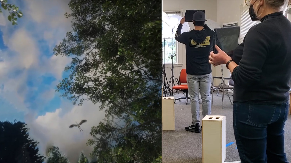 Split screen with animation on left and students on right.