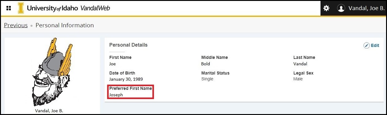 Updating Your Preferred Name in VandalWeb - Step 6
