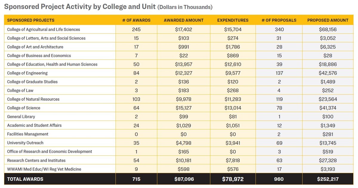 A table depicting sponsored activity by college and unit