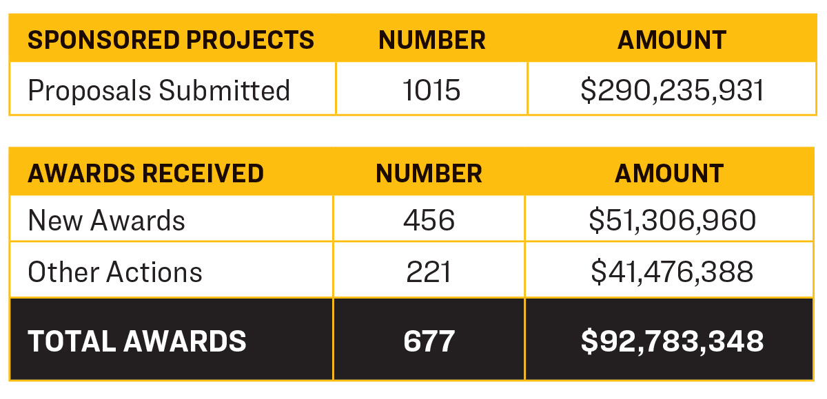 A table depicting a summary of sponsored project activity